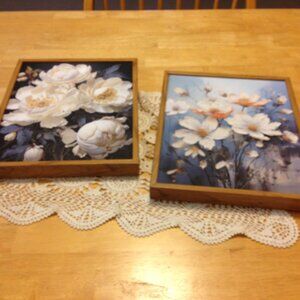 Lovely florals in faux wood frames, pinks to lite peach tones, blue back…
